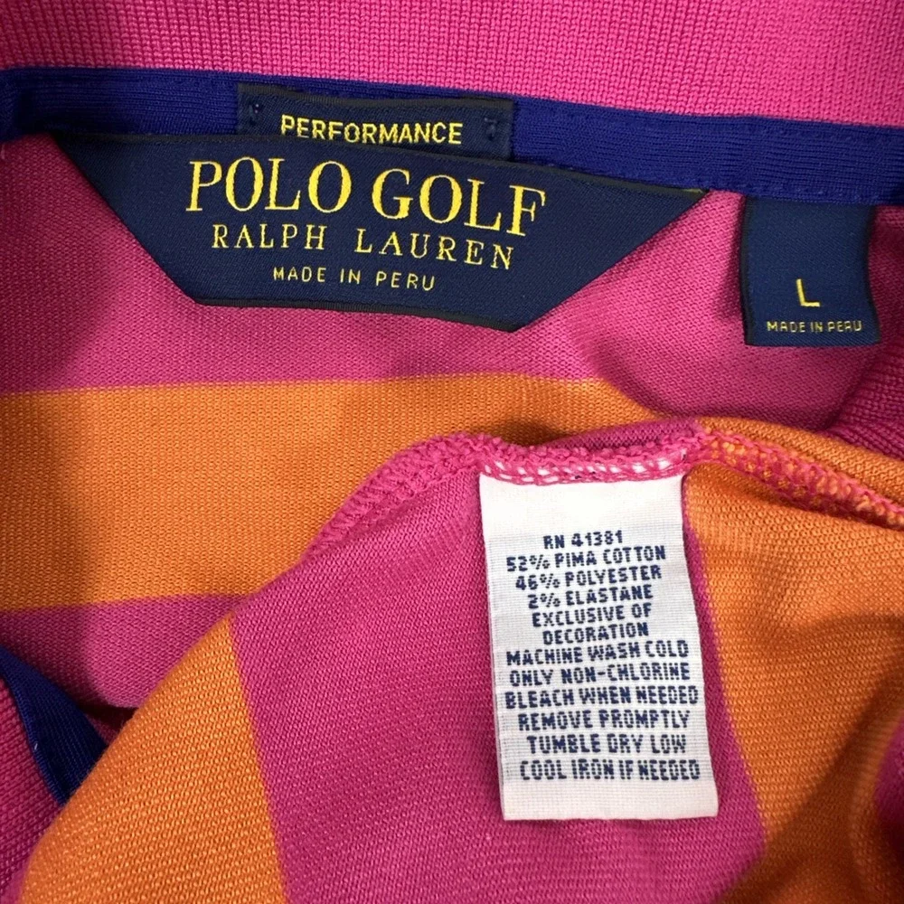 Polo Golf Ralph Lauren Mens Polo Large Pink Orange Striped Short‎ Sleeve Pima